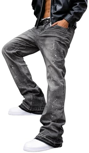 Flared Jeans Herren Y2K Denim Pants Tintenspritze Patchwork Stretch Jeanshose zerrissene Vintage Bootcut Schlaghose mit Taschen Hip Hop Baggy Jeans Cowboy Schlupfjeans Freizeit Skateboard Streetwear