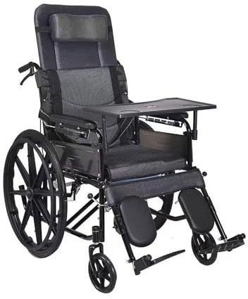 Full Reclining Wheelchair, High Back Manual Wheelchair W/Headrest & Dining Table Folding Bathroom Commode Wheelchair Mobility Device for Adults Handicap