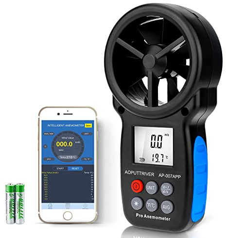 Digital Bluetooth Anemometer Handheld, AP-007-APP Wireless Anemometer Wind Speed Meter Measuring Wind Speed/Temperature with Backlit and Max/Min/AVG for Shooting, Sailling, Flying, Climbing, Cycling