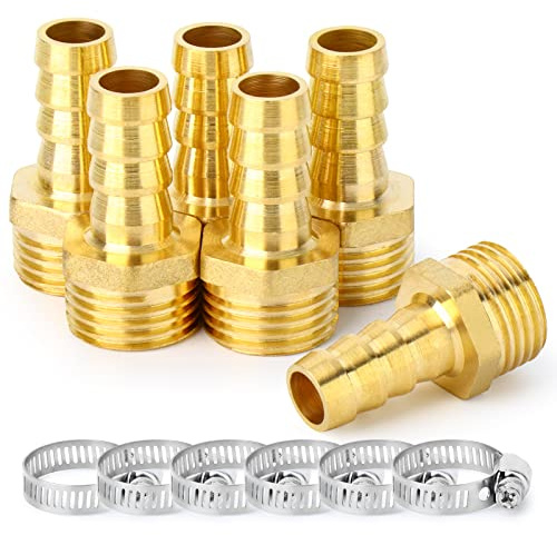 ChillWaves Brass Air Hose Fittings, Hose Barb Fittings 1/2 Barb x 1/2 NPT Male Thread Adapter with Hose Clamp(6-PACK)