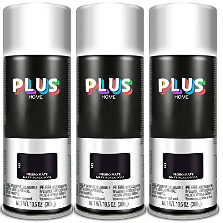 PLUS HOME Pintura Spray 520cc para pintar todo tipo de super cies: madera, metal, cartón, tela, piedra, bra de vidrio, plásticos rígidos, etc para bricolaje y DIY.Negro Mate (Ral:9005)(Paquete de 3)