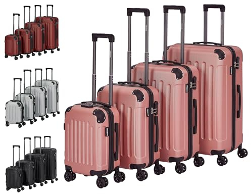 Arebos 4tlg. Hartschalenkofferset I ABS-Hartschale I Trolley Kofferset I Reisekoffer mit Teleskopgriff I Inkl. Reißverschluss-Schloss, 360° Rollen I Reisekofferset S-M-L-XL | Rosé-Gold