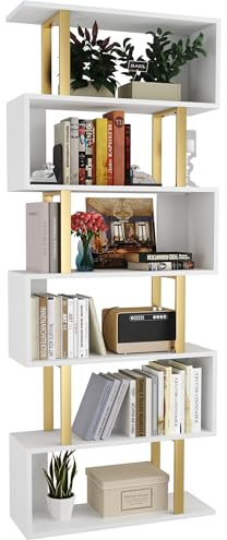 Yusong Geometric Bookcase, S Shaped Bookshelf 6-Tier Book Shelves for Bedroom, Modern Wood Decorative Display Shelf Tall Book Case for Home Office, Gold and White
