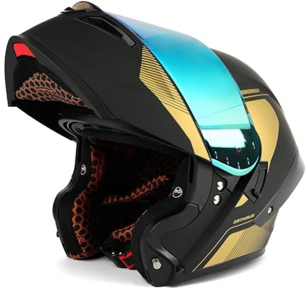 Orthrus Modular LED Full Face Motorcycle Helmet - DOT Approved Flip-Up Dual Visor Sun Shield & Bluetooth Ready for Adults Men Women - Street Bike/Motocross (Dobermann Gold, M)