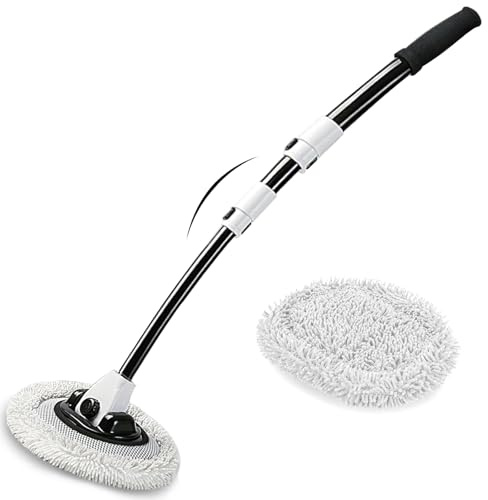 WillingHeart 15° Curved Car Wash Brush with Long Handle 43 Microfiber Cleaning Mop Telescopic Extension Pole for Caravan RV Truck Auto SUV Wheel Boat Exterior 2 in1 Carwash Duster Scratch Free, White