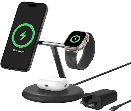 Belkin BoostCharge 3-in-1 Wireless Charging Stand with Qi2 15W, MagSafe Compatible Fast Charger for iPhone 17, Air, 16, 15, 14, 13, 12 Series, PixelSnap, AirPods, Apple Watch (PSU included) - Black