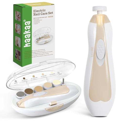 haakaa Baby Nail Care Electric Baby Nail File Kit with LED Light, Baby Nail Clippers for Newborn/Infants/Adults Toenails and Fingernails, 6 Replacement Heads & Storage Case, Acorn