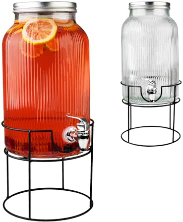 Dispensador de Bebidas Acanalado Con Grifo Antigoteo - Agua y Limonada - Cristal Con Soporte y Tapa - 6 L