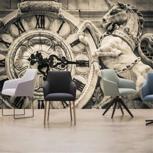 Tzxztt Vintage Uhr Weißes Pferd Moderne 3D Tapete Geprägte Seide Neutrale Töne Material Ideal Für Wohnzimmer Schlafzimmer-200cm×140cm