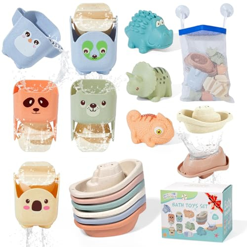 Baby Bath Toys for 1 2 3 4 Year Olds, 14 Pack Mould Free Toddler Bath Toys Bathtub Water Toys with Floating Boats & Bath Cups and No Mould & No Hole Animal Floating Pool Toys for Babies 6-12 Months
