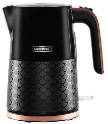 GEEPAS 1.7L Cordless Electric Kettle | Textured Kettle with 360° Rotational Base & Otter Control | Auto Shut Off LED Lighting | Space Saving Cord Storage Golden Rose Chrome Handle | 3000W Aurora