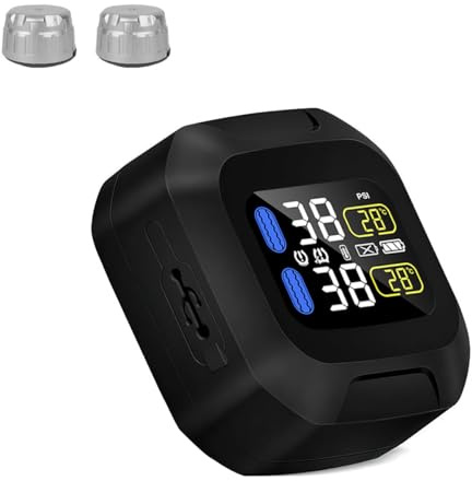 OBEST Sistema de control de presión de neumáticos TPMS con 2 sensores externos plateados, comprobador inalámbrico de temperatura de los neumáticos, pantalla LCD, sistema de alarma para coche,
