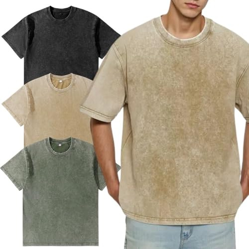 Men’s Oversized T-Shirt,Pack of 3, Men's Basic Cotton T-Shirt Summer，Retro Washed Top, Unisex Fashion, Hip Hop Vintage Casual Tee Shirts