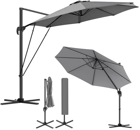 WOLTU Sombrilla Parasol Ø 3 m, Parasol Jardin Giratorio 360°, UPF 50+, Ajustable de 5 Niveles, con Base Manivela Mástil de Metal, para Terraza Playa Piscina Mercado Patio Exterior, Gris Oscuro