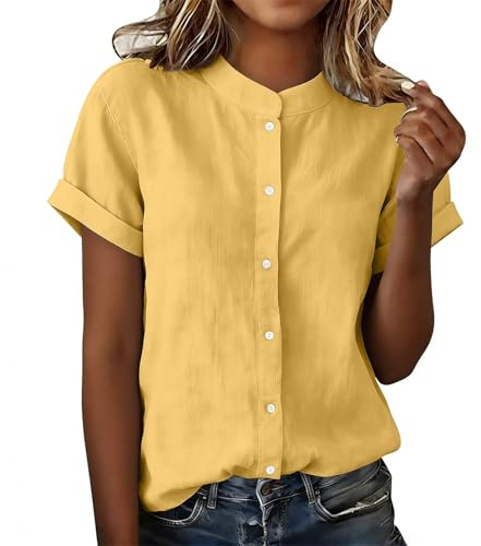 Chemise Femme Coton et Lin Couleur Unie Tee Shirt Manche Courte Été Pull Col V Classique Crop Top Boutonnée T-Shirts à Manches Courtes Respirant Vetement Décontracté Haut Femme Tailles S à XXL