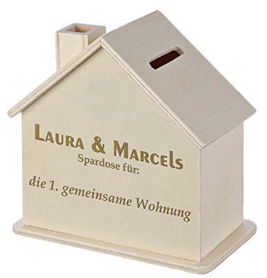 polar-effekt Spardose Haus mit Gravur - Sparbüchse aus Holz - Geldgeschenk zur Hochzeit, Taufe, Geburt, Geburtstag, Einzug, Geburtstage - Personalisierte Sparbüchse - Motiv freie Wahl