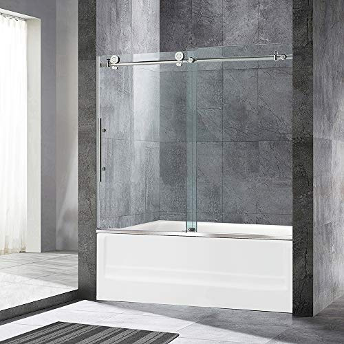 Woodbridge Frameless Bathtub Shower Doors 56-60 Width x 62 Height with 3/8(10mm) Clear Tempered Glass in Brushed Nickel Finish