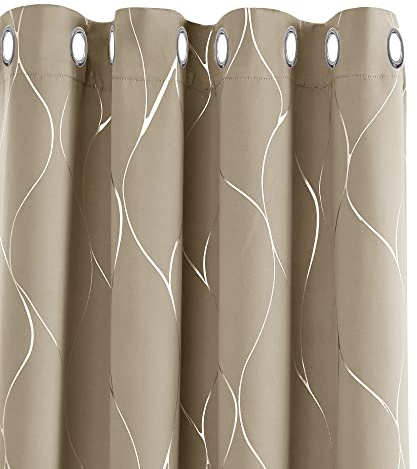 Deconovo Blackout Curtains Silver Wave Foil Printed Thermal Insulated Eyelet Curtains for Bedroom Taupe W66 x L90 One Pair