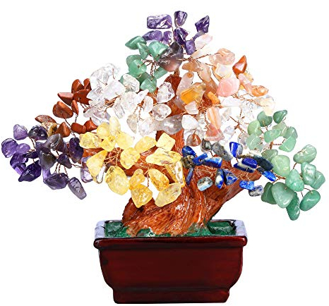 JSDDE Feng Shui Baum Dekoration Lebensbaum Geldbaum mit Harz Blumentopf Reiki Heilstein Glücksbringer Baum Trommelsteine Wire Wrap Glückbaum Hause Wohnung Tisch Büro Deko (7 Chakra)