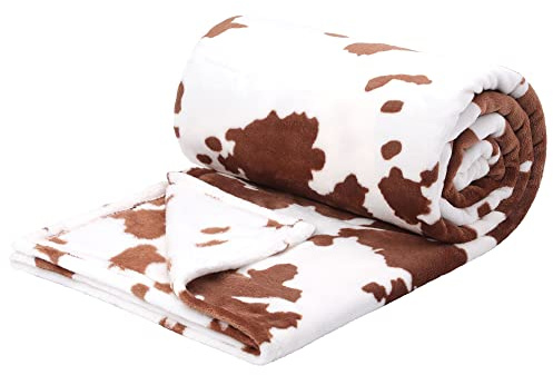 PiccoCasa Coperta stampata a mucca, morbida coperta in pile di flanella da 300 g/m², leggera, carina, comoda, calda, con texture di mucca, per divano, letto, ufficio, marrone, 150 x 200 cm