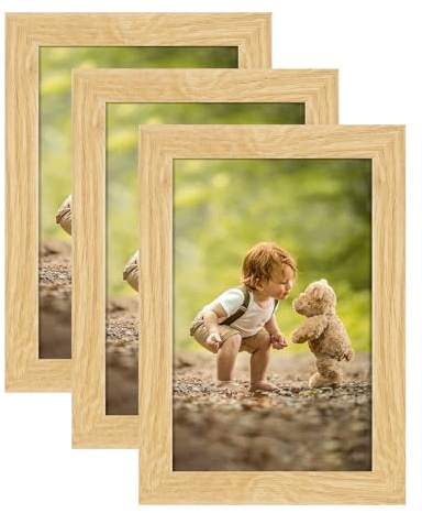 ATOBART - 3 cornici portafoto in legno chiaro con passepartout per immagini da 10 x 15 cm, con plastica vetro, per montaggio a parete