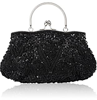 CORIOS Damen Handgemachte Perle Handtasche Floral Abendtasche Vintage Clutch Tasche Elegante Schultertasche Klein Tasche Kette Umhängetasche Hochzeit Bankett-Party Abschlussball Tasche Schwarz