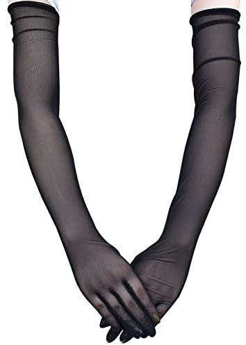 COSFAN Tyllhandskar för kvinnor, långa näthandskar, brudhandskar, armbågslånga genomskinliga handskar, opera halloween kostym festhandskar, Svart, One Size