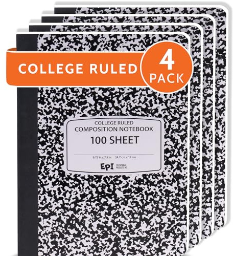 4 Pack - EPI College Ruled Composition Notebook Black - 200 Pages (100 Sheets), 9-3/4 x 7-½ - Classroom Back to School Supplies, Heavy Duty, Durable Hardcover Office Notebooks, Sewn