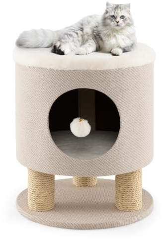 SOARS Kratztonne klein, Kratzbaum & Hocker, Katzenhöhle mit 3 Sisalstämmen & Spielball, Katzenbaum bis 60 kg belastbar, Katzenkratzbaum Katzenmöbel, 40 x 40 x 47 cm (Beige)