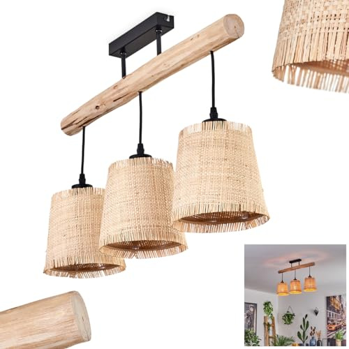 Soungou Ceiling Light, Modern Ceiling lamp Made of Wood/Metal/Bast in Natural/Black/Beige, 3-Flame Ceiling Light in Scandinavian Design, 3 x E27, Height max. 43.5 cm, Without Bulbs