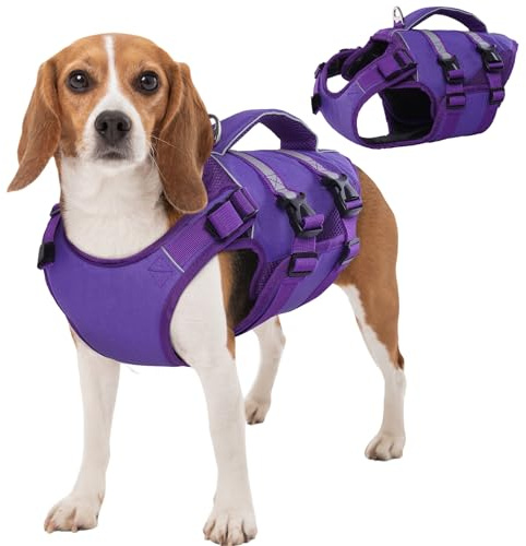 Kuos flytväst hund, medium, hundflytväst med handtag, lila L