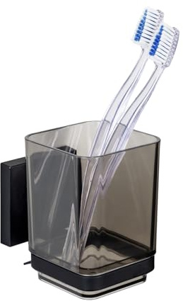 WENKO Zahnputzbecher Mod. Quadro hochwertiger Kunststoffbecher mit eleganter Edelstahlhalterung einfache Montage ohne Bohren Farbe Schwarz