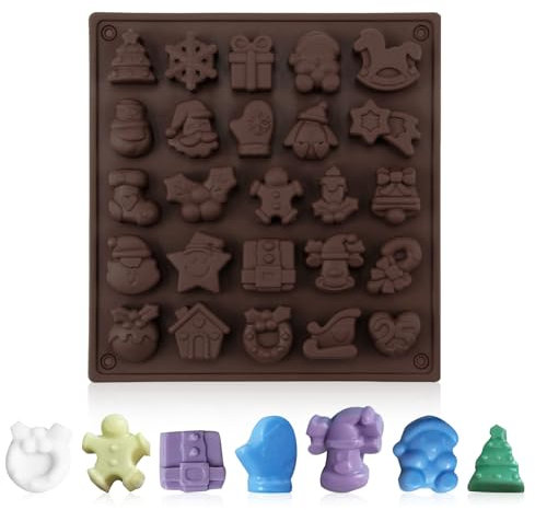 Stampi Silicone Natale 25 Cavità, Stampo per Cioccolato Natalizio con Albero, Omino Pan di Zenzero, Pupazzo di Neve, Babbo Natale, Antiaderente 3D, per Cioccolatini, Caramelle, Biscotti