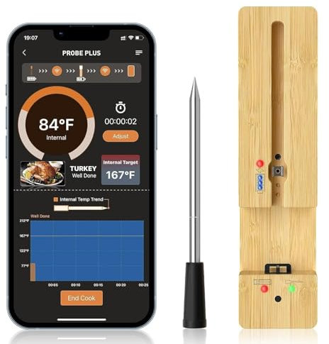 90m Long Range Smart Wireless Meat Thermometer Bluetooth BBQ Thermometer Probe Digital,18 hours Battry Life Smart APP Control Digital Connectivity,for Cooking Fryer Oven Grilling Smoker