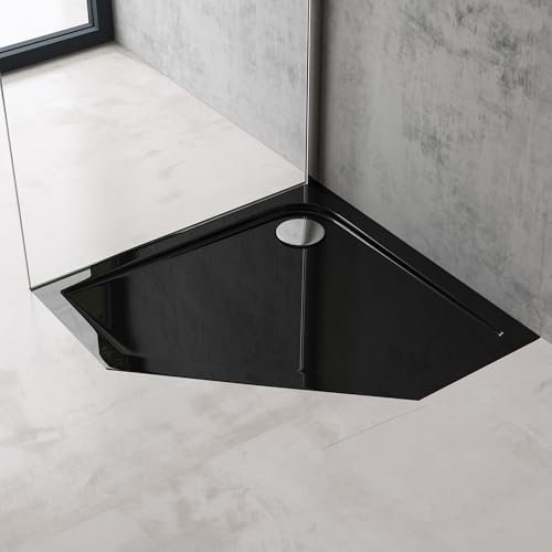 doporro Plato de Ducha Plano 80x80x4 cm Pentagonal en Acrílico Negro, Ideal para Instalación a Nivel del Suelo y Conexiones DIN Faro5