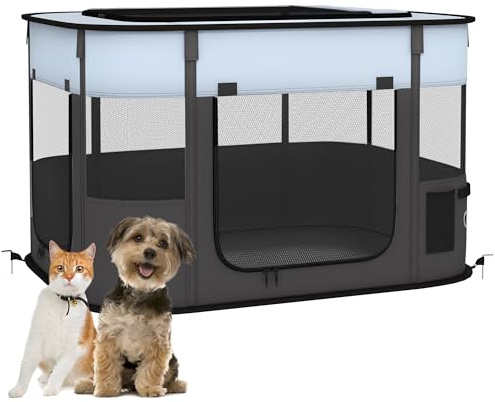 PawHut Parc pour Chien en Tissu Oxford, Parc Chiot, enclos extérieur pour Animaux, avec Poches de Rangement, enclos Pliable pour Chiens Chiots, 84 x 64 x 53 cm, Gris et Noir