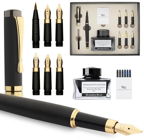 Wordsworth & Black Calligraphy Pen Gift Set, Includes Ink Bottle, 6 Ink Cartridges, Ink Refill Converter, 6 Replacement Nibs, Luxury Bamboo, Journaling, Smooth Writing Pens [Black Wood]