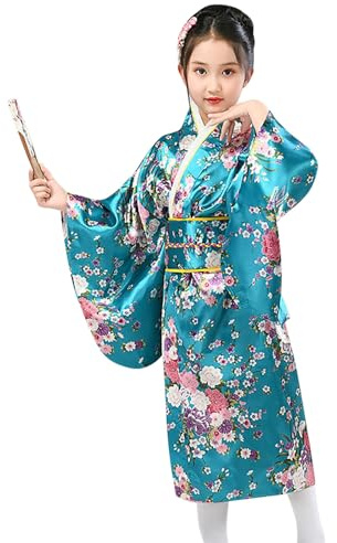 Kimono Japonais Traditionnel pour Fille Bébé Enfant Robe avec Obi Set Tenue Cosplay Festival Anniversaire Photographie Costume Asiatique Été Léger Élégant Décontracté Robe (A03-Blue, 9-10 Years)