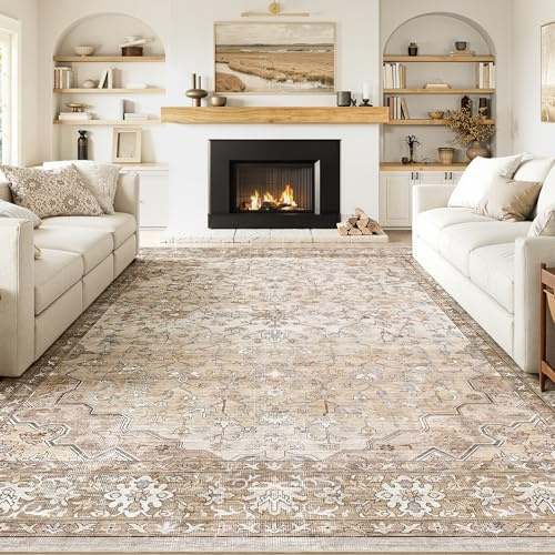Topfinel Large Rugs for Living Room 200x290, Faux Wool Short Pile Non-Slip Beige Area Rug, Machine Washable Traditional Moroccan for Bedroom