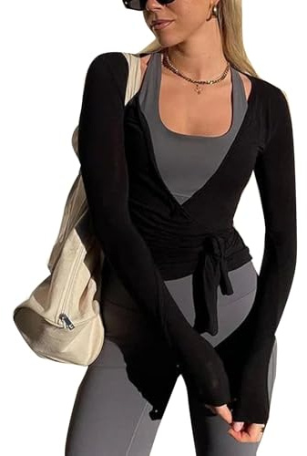 Y2K - Camiseta de ballet para mujer, manga larga, cuello en V profundo, con lazo cruzado, ajuste delgado, para entrenamiento, yoga, danza, Negro, S