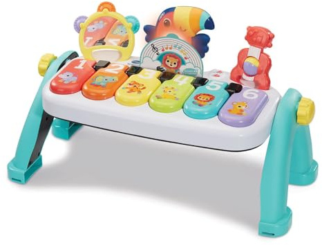 VTech - Mon Super Piano des Découvertes - Jouet Musical 3 en 1 - Clavier Piano Bébé Inclinable avec 3 Partitions de Musique et 2 Hochets Instruments - Cadeau Bébé Dès 9 Mois - Contenu en Français