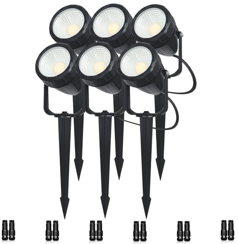 Low Voltage Safety Landscape Lights Outdoor: 7W 840LM LED Landscape Lighting with Connectors & Transformer for Tree Garden Yard Pathway | 24V Warm Yellow 3000K Spotlights | IP65 Waterproof | 6 Pack