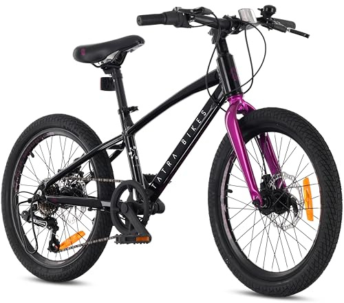 Tatra Bikes Barncykel 20 tum, lätt Cykel for barn från 5 till 8 år med aluminiumram, 6 växlar, skivbromsar, ringklocka, fotstöd, reflexer (Svart Lila)