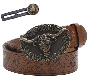 VOSSOT Cowboy Cintura da uomo in pelle – Cintura Western da donna con fibbia Longhorn Bull Western per cintura, stampa floreale, marrone, da donna in stile country, per jeans, uso quotidiano, feste