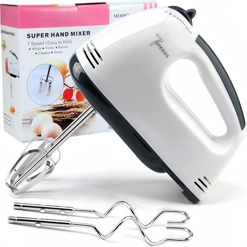 7 Vitesses Fouet Electrique Portable,Batteur Electrique Cuisine,Batteur Mixeur avec 2 Fouets,2 Crochets Pétrisseurs en Acier Inoxydable pour Fouetter Mélanger des Biscuits Gâteaux,Cuisson