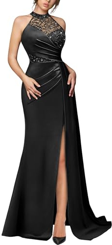 MIUSOL Women's Retro Sleeveless Halter Neck High Slit Evening Party Banquet Wedding Maxi Dress