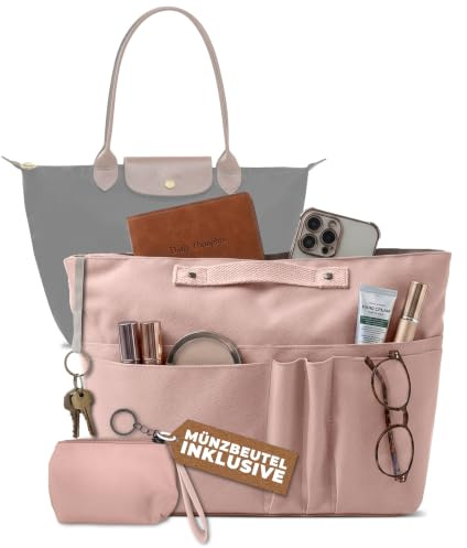 Organisateur de Sac 15 Poches & Porte Monnaie Femme, Rangement Cabas Rose | Organisateur Sac A Main avec Mini Pochette Porte Monnaie, Pochette Pour Sac À Main Organiseur - Bag Organizer Longchamp L