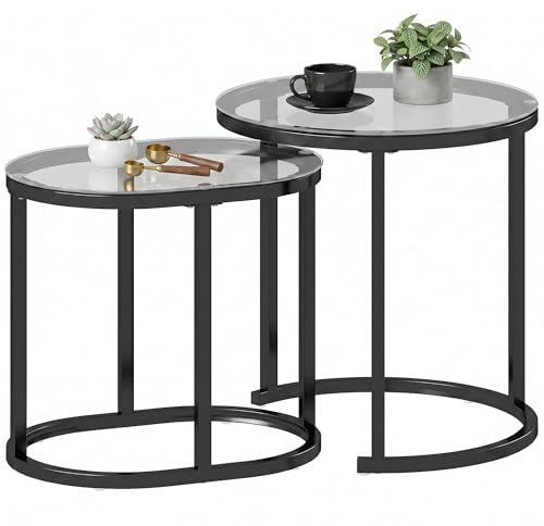HOMCOM Modern Coffee Table Set of 2 Tempered Glass Tabletop Black/Clear