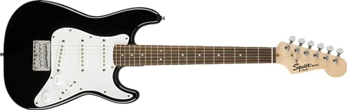 Squier by Fender Mini Stratocaster, Guitare Electrique, Touche en Laurier, Noir, Inclus des Cours Virtuels Gratuits sur Fender Play