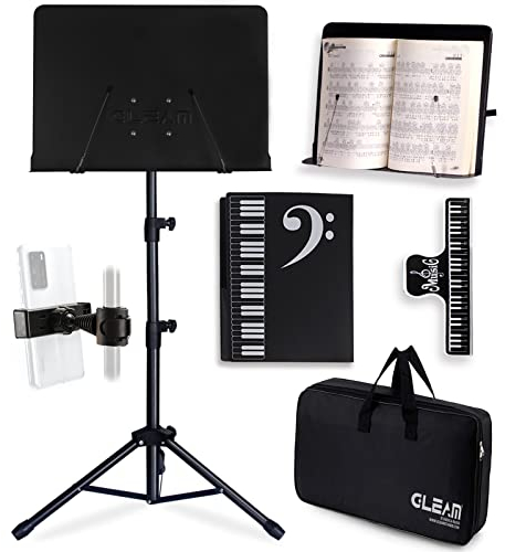 GLEAM Sheet Music Stand - Full Metal with Carrying Bag, Phone Holder, Sheet Music Folder and Clip, 5 in 1 Desktop Book Stand